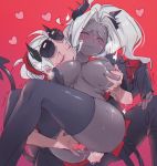 1futa 1girl anal anal_sex big_breasts black_legwear black_pants blush breast_grab breasts censored closed_eyes closed_mouth demon_girl demon_horns demon_tail eyewear_on_head fingering futanari futanari_on_female grabbing grey_skin heart heart_censor helltaker horns judgement_(helltaker) justice_(helltaker) lactation long_hair long_sleeves multiple_girls nipples noaharbre pants pussy red_background silver_hair stockings sunglasses tail testicle trembling wavy_mouth