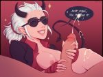  cum glasses handjob helltaker horn justice_(helltaker) pinktaco sunglasses text tinted_eyewear white_hair 