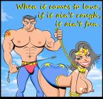 bent_over big_ass big_breasts chain dc_comics erect_nipples larrymalone_(artist) riding_crop slave_collar smile spank spanked spanking superman topless wonder_woman