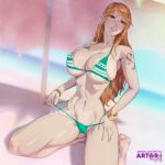 1girl 1girl 1girl alluring alternate_breast_size arttoru athletic_female bare_legs beach big_breasts big_breasts bikini bikini_bottom cameltoe female_abs female_only fit_female hourglass_figure long_hair nami nami_(one_piece) no_pants one_piece orange_hair red_eyes swimwear