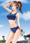  1girl alluring athletic_female bottle brown_eyes brown_hair day female_only fit_female hayami_sena iwa mashin_sentai_kiramager sena_hayami solo_female stadium super_sentai sweat sweaty track_and_field track_suit voluptuous water_bottle 