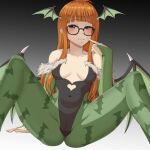  1girl bat_wings breasts cameltoe cosplay darkstalkers elbow_gloves glasses gloves looking_at_viewer lucky_zero megami_tensei morrigan_aensland morrigan_aensland_(cosplay) persona persona_5 sakura_futaba spread_legs stockings vampire_(game) vampire_savior 