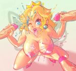 areolae big_breasts blonde_hair blue_cum breasts bukkake crown cum cum_on_breasts cum_on_eyes cum_on_face cum_on_hair cum_on_tongue fellatio hair handjob heels high_heels kneeling lips long_hair nipples oral pink_cum princess_peach smile super_mario_bros. tongue yellow_cum