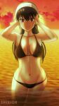 1girl 1girl 1girl alluring asian asian_female beach big_breasts breasts cleavage female_only ocean posing shixio8 spy_x_family sunset yor_briar