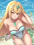  1girl alluring bangs beach big_breasts blonde_hair breasts chest_jewel cslucaris gem headpiece long_hair mythra mythra_(radiant_beach)_(xenoblade) mythra_(xenoblade) nintendo one-piece_swimsuit patreon_username ribbed_swimsuit strapless strapless_swimsuit striped swept_bangs swimsuit thighs tiara vertical-striped_swimsuit vertical_stripes very_long_hair white_swimsuit xenoblade_(series) xenoblade_chronicles_(series) xenoblade_chronicles_2 yellow_eyes 