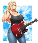  big_breasts blonde_hair blue_eyes cleavage curvy erkaz errorkazoo flowers fully_clothed glasses guitar guitar_pick huge_breasts inne_sulistya_robin jeans long_hair looking_at_viewer 