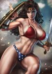 abs big_breasts bikini black_hair blue_eyes dc_comics long_hair looking_at_viewer muscular_female shield sword tagme thick_thighs wonder_woman