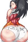 1girl ass bare_shoulders black_hair boku_no_hero_academia breasts brown_eyes clothes_writing from_behind gloves hair huge_ass long_hair looking_at_viewer looking_back momo_yaoyorozu my_hero_academia panties ponytail simple_background sitting solo sweat text translation_request underwear uya_(yurukah) white_gloves white_panties yaoyorozu_momo