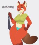 1girl acstlu anthro belly bottomless breasts canine clothed clothing crossgender disney fox fur furry genderswap green_eyes grey_background half-dressed mammal midriff navel neck_tie nick_wilde panties rule63 rule_63 shirt simple_background skimpy slightly_chubby smile underwear undressing wide_hips zootopia