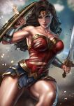 black_hair blue_eyes dc_comics long_hair looking_at_viewer shield sword tagme thick_thighs torn_clothing wonder_woman