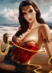  1girl beach big_breasts black_hair brown_eyes dc_comics female_only lasso_of_truth lipstick long_hair looking_at_viewer solo_female wonder_woman wonder_woman_(series) yupachu 