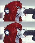  2015 acino_(artist) ambiguous_gender anthro black_penis canine closed_eyes cum cum_in_mouth cum_inside cum_on_face feline fellatio fur furry gagging hair hioshiru male mammal maya_(acino) oral penis red_eyes red_hair sex solo_focus testicles 