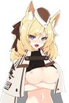 animal_ears arknights big_breasts blonde_hair blue_eyes breasts clothing crossed_arms hat headwear high_resolution long_hair navel nipples whislash_(arknights)