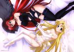 2girls absurd_res absurdres asia_argento bare_shoulders bed big_breasts black_gloves black_legwear black_thighhighs blonde_hair blue_eyes blush breasts choker elbow_gloves erect_nipples female friends from_above garter_belt garter_straps garters gloves green_eyes hair hand_holding high_res high_school_dxd highres large_breasts legs lying megami midriff multiple_girls navel necklace nyantype official_art on_side panties red_hair rias_gremory ribbon see-through shiny shiny_hair shiny_skin shy smile strapless underwear upside-down veil very_long_hair white_gloves white_legwear white_thighhighs