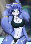  1girl alluring anthro athletic_female big_breasts bloodlustfox_(artist) blue_fur bra cleavage female_abs fit_female green_eyes krystal nintendo panties star_fox star_fox_assault tattoo underwear vixen voluptuous 