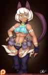  1girl :3 animal_ears blue_eyes breasts cat_ears cat_girl cleavage clothed clothing collar dark-skinned_female dark_skin fangs hair hand_on_hip human lab_zero_games mammal midriff ms._fortune_(skullgirls) nadia_fortune nekocrispy nekomimi pouch scar scars skullgirls smile underboob wall white_hair wide_hips 