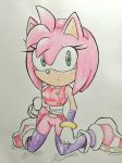 1girl 1girl amy_rose anthro bare_shoulders beige_skin black_nose bottomless clothed clothing footwear green_eyes hair half-dressed headband hedgehog legwear mammal ohyuki pink_hair plain_background sega short_hair sonic_boom video_games