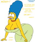 1girl ass bend_over big_ass big_breasts big_lips breast_expansion breasts colored dress habbodude human large_ass lips marge_simpson milf nipples sunibee surprised text the_simpsons white_background yellow_skin