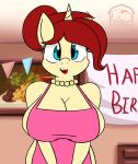 1girl anthro apron apron_only bedroom_eyes big_breasts blue_eyes breasts cleavage clothed clothing equid furry gif hair half-closed_eyes inside jewelry looking_at_viewer mammal mature_female mostly_nude my_little_pony naked_apron necklace one_breast_out open_mouth open_smile red_hair seductive smile thecoldsbarn