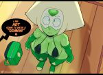 1girl alien big_breasts bikini blonde_hair breasts elbow_gloves female_only fingerless_gloves gem gem_(species) gloves green_eyes green_legwear green_skin green_thighhighs jasper_(steven_universe) looking_at_another looking_up offscreen_character peridot_(steven_universe) shadow somescrub speech_bubble steven_universe stockings text thick_thighs twitter twitter_username wide_hips