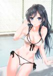 1girl 1girl alluring arm_support bikini black_hair blue_eyes chain-link_fence fence front-tie_top high_res insanely_hot long_hair looking_at_viewer poolside sahara386 side-tie_bikini swimming_pool swimsuit voluptuous white_bikini yahari_ore_no_seishun_lovecome_wa_machigatteiru. yukinoshita_yukino