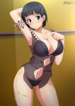  1girl big_breasts black_hair blush bra cleavage female_only grey_eyes hair_ornament kirigaya_suguha lingerie looking_at_viewer one_arm_behind_head one_arm_up short_hair smile sword_art_online thong zel-sama 