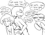  3boys anal angry ass boomer_(ppg) doggy_position embarrassing funny hair humping jamie_(steven_universe) kevin_(steven_universe) looking_back mad monochrome multiple_boys nude powerpuff_girls princesscallyie rowdyruff_boys sex short_hair steven_universe text yaoi 