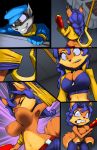 1girl 2014 annoyed anthro areola big_breasts breasts canine carmelita_fox cleavage clothed clothing comic digital_media_(artwork) erect_nipples fox furry gun half-dressed hook male mammal nipples raccoon rage rageface ranged_weapon sly_cooper sly_cooper_(series) thefuckingdevil topless weapon