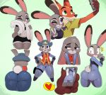  1girl 2015 anthro ass big_ass canine clothing disney duo fox fur furry green_background green_eyes judy_hopps lagomorph male mammal neck_tie nick_wilde pants plain_background purple_eyes rabbit selfpic shirt smile sssonic2 zootopia 