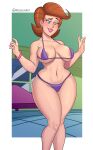  1girl big_breasts bikini bracelet brown_hair cartoon_milf clothed earrings exposed_nipples green_eyes grin light-skinned_female light_skin long_hair looking_down micro_bikini milf nail_polish navel nickelodeon pink_nail_polish purple_bikini rocner smile swimsuit the_fairly_oddparents thicc thick_thighs thong_bikini timmy&#039;s_mom wide_hips 