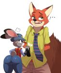  ... 1girl 2015 anthro ass big_ass canine clothing disney duo fox fur furry green_eyes judy_hopps lagomorph male mammal neck_tie nick_wilde pants plain_background purple_eyes rabbit shirt smile sssonic2 white_background 