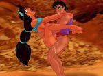 1_boy 1_girl 1boy 1girl aladdin aladdin_(series) alluring black_hair brunette canon_couple cum cum_in_orifice cum_in_pussy disney earrings female female_human human human/human long_black_hair long_hair male male/female male_human mostly_nude princess_jasmine royalty sex smile titflaviy toes