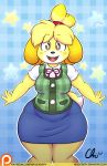  1girl animal_crossing animal_crossing_new_leaf breasts brown_eyes canid canine canine_humanoid chubby clothing dog doubutsu_no_mori furry hair_tie isabelle_(animal_crossing) jingle_bell kemono mammal nekocrispy nintendo patreon ponytail secretary shih_tzu shizue_(doubutsu_no_mori) skirt text thick_ass thick_legs thick_thighs video_games wide_hips yellow_fur 