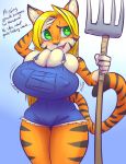 1girl 2015 anthro big_breasts blonde_hair breasts cleavage clothed clothing digital_media_(artwork) english_text feline fur furry green_eyes hair huge_breasts mammal orange_fur pitchfork stripes sweat text thefuckingdevil tiger