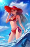 1boy 1girl absurd_res alternate_costume beach bikini blue_sky breasts cleavage edelgard_von_hresvelg fire_emblem fire_emblem:_three_houses hat high_res hubert_von_vestra lens_flare light_rays long_hair mattikarp medium_breasts navel nintendo ocean partially_submerged partially_underwater_shot red_bikini red_headwear red_swimsuit silver_hair sky smile solo_focus standing stomach submerged sun_hat sunlight swimsuit underwater wading water you_gonna_get_raped