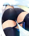 1girl 2021 artist_signature ass ass_focus ass_shot back back_view backless_outfit black_shorts blue_hair blue_sky boots bubble_butt cameltoe eula_(genshin_impact) exposed_shoulders female_focus female_only from_below genshin_impact hair_ornament high_res large_ass medium_hair outside sana!rpg shiny shiny_skin short_shorts thick_thighs thigh_gap thigh_high_boots thigh_strap thighhigh_boots thighs tight_clothing tight_shorts white_topwear