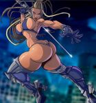 1girl alluring arms ass big_ass black_hair breasts dark-skinned_female dark_skin dreadlocks ebony from_behind frostyfins gloves hips jumping legs long_hair looking_at_viewer looking_back master_raven micro_bikini mostly_nude muscle muscular_female namco parted_lips sexy shoes sideboob slut standing stockings tekken tekken_7 thick_thighs thong toned two_tone_hair weapon