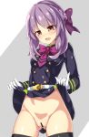 \m/ black_legwear blush bow brown_eyes cameltoe censored gloves hair_bow hiiragi_shinoa looking_down no_panties open_mouth owari_no_seraph panties purple_eyes pussy pussy_juice side-tie_panties simple_background skirt skirt_lift sweatdrop thighhighs unacchi_(nyusankin) underwear uniform