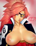 1girl 1girl 1girl areola baiken big_breasts black_jacket breasts cosmichentai eyepatch guilty_gear guilty_gear_xrd high_resolution jacket lips long_hair nipples one-eyed parted_lips pink_background pink_hair ponytail sash tattoo tied_hair topless wafuku