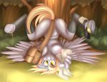  1girl 2015 anthro areola blonde_hair breasts derpy_hooves_(mlp) equine falleninthedark friendship_is_magic fur furry grey_fur hair mail mailbag mammal my_little_pony nipples pegasus smile strategically_covered upside_down wings yellow_eyes 