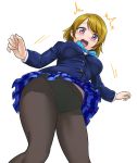 /\/\/\ 1girl black_legwear blue_skirt blush breasts brown_hair crotch_seam embarrassed from_below highres koizumi_hanayo love_live!_school_idol_project open_mouth panties panties_under_pantyhose pantyhose pantylines plaid plaid_skirt purple_eyes school_uniform shocked short_hair simple_background skirt solo surprised sweat sweatdrop sweating underwear viewed_from_below wanao white_background