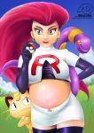  anime arrowdark big_belly blue_eyes fanart female female_human fetish gloves jessie long_hair meowth musashi_(pokemon) outdoor outside pokeball pokemon pregnant purple_hair standing video_game vore 