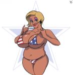  1girl 4th_of_july american_flag_bikini anastasia bbw big_breasts bikini blonde_hair breasts cleavage green_eyes shiny shiny_skin smile sophie_stanislovskievna_somorkov-smirnoff wide_hips 