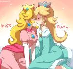  2girls aqua_dress arm_support blonde_hair closed_eyes crown dress earrings elbow_gloves english ermame26_(artist) female female_only gloves hair heart high_heels jewelry kiss kissing long_hair love multiple_girls mutual_yuri nintendo off-shoulder_dress pink_dress princess princess_peach princess_rosalina sitting super_mario_bros. super_mario_galaxy super_smash_bros. sweat sweatdrop wariza white_gloves yuri 