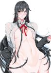 1girl areolae black_hair blue_eyes blush bottomless breasts erect_nipples fei_(maidoll) highres long_hair my_teen_romantic_comedy_snafu navel no_bra out-of-frame_censoring pubic_hair school_uniform simple_background solo very_long_hair white_background wide_hips yukinoshita_yukino