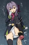  1girl black_boots black_legwear bootjob boots brown_eyes flat_chest footjob gloves highres hiiragi_shinoa mudou_eichi owari_no_seraph panties penis purple_hair school_uniform shoejob solo_focus thighhighs translated underwear 