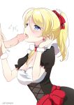 1girl ayase_eli blonde_hair blue_eyes blush breasts cum fellatio kaetzchen katzchen_(artist) love_live!_school_idol_project maid oral penis ponytail simple_background tongue uncensored