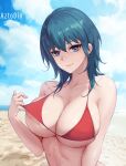  1girl alluring aztodio bare_shoulders beach big_breasts bikini blue_eyes blue_sky blush breasts byleth_(fire_emblem) byleth_(fire_emblem)_(female) cleavage collarbone fire_emblem fire_emblem:_three_houses looking_at_viewer medium_hair nintendo red_bikini sky smile swimsuit teal_hair 