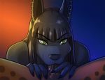  1girl 2015 abstract_background anthro anubian_jackal black_fur black_hair canine claws duo ear_piercing egyptian fellatio first_person_view fur giraffe green_eyes hair hetero jackal kadath long_hair looking_at_viewer male mammal nightshade_(kadath) nude oral penis piercing sex spots 