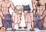  1girl 2girls aestheticc-meme ambiguous_penetration black_hair blonde_hair cat_ears cleavage ghira_belladonna glynda_goodwitch gold_eyes green_eyes hanging_breasts huge_breasts kali_belladonna male on_all_fours rwby sketch 